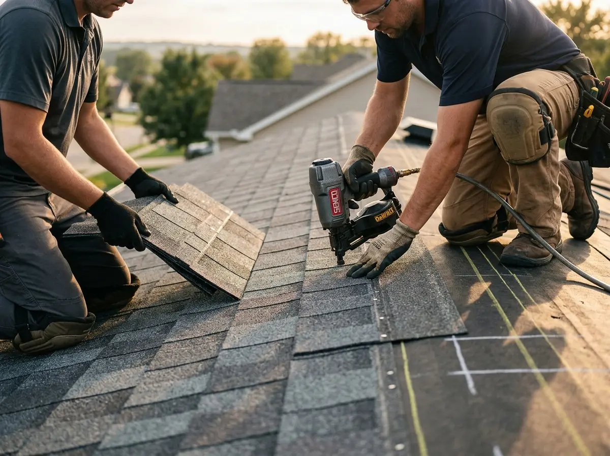 Professional roofer working on a residential roof in Biddeford
